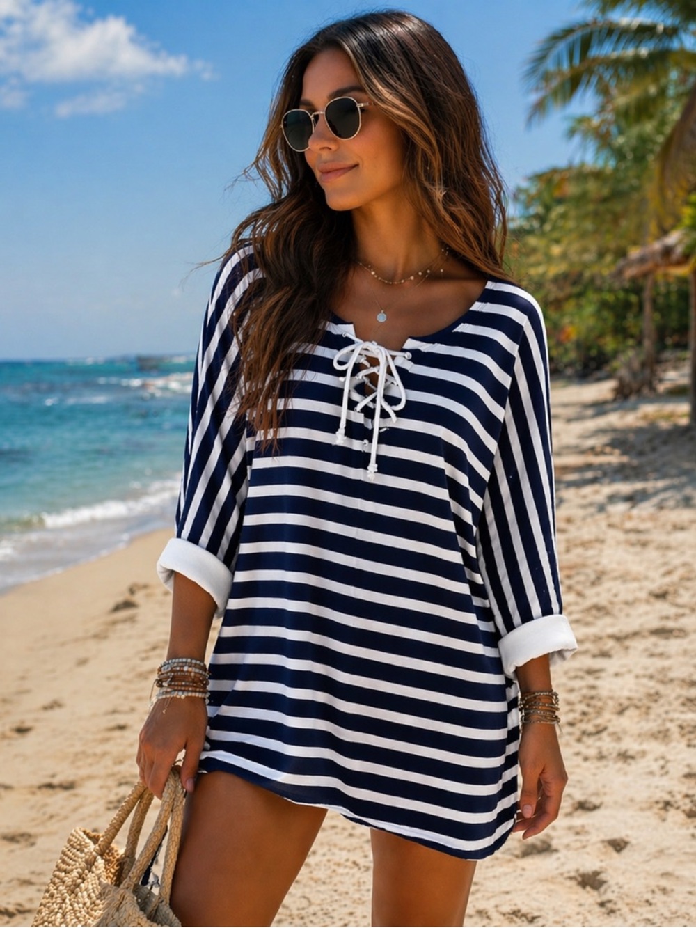 JAG Navy White Stripe Lace-up V-Neck Terry Cloth Cover-up Top XL